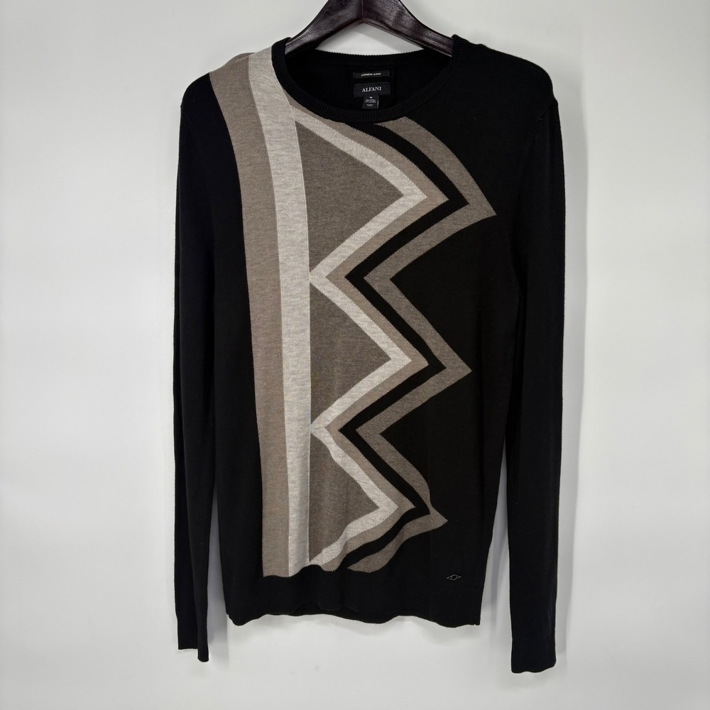 Alfani‎ Mens Cashmere Blend Geometric Zig-Zag Crew Neck Sweater Size M Black Tan